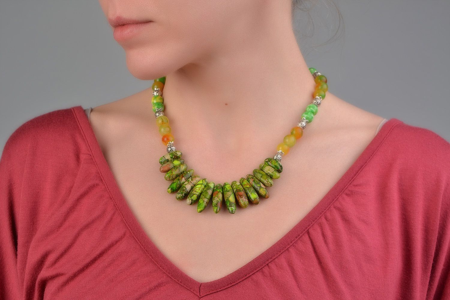 Handmade natural stone green variscite jewelry set necklace and earrings  photo 2