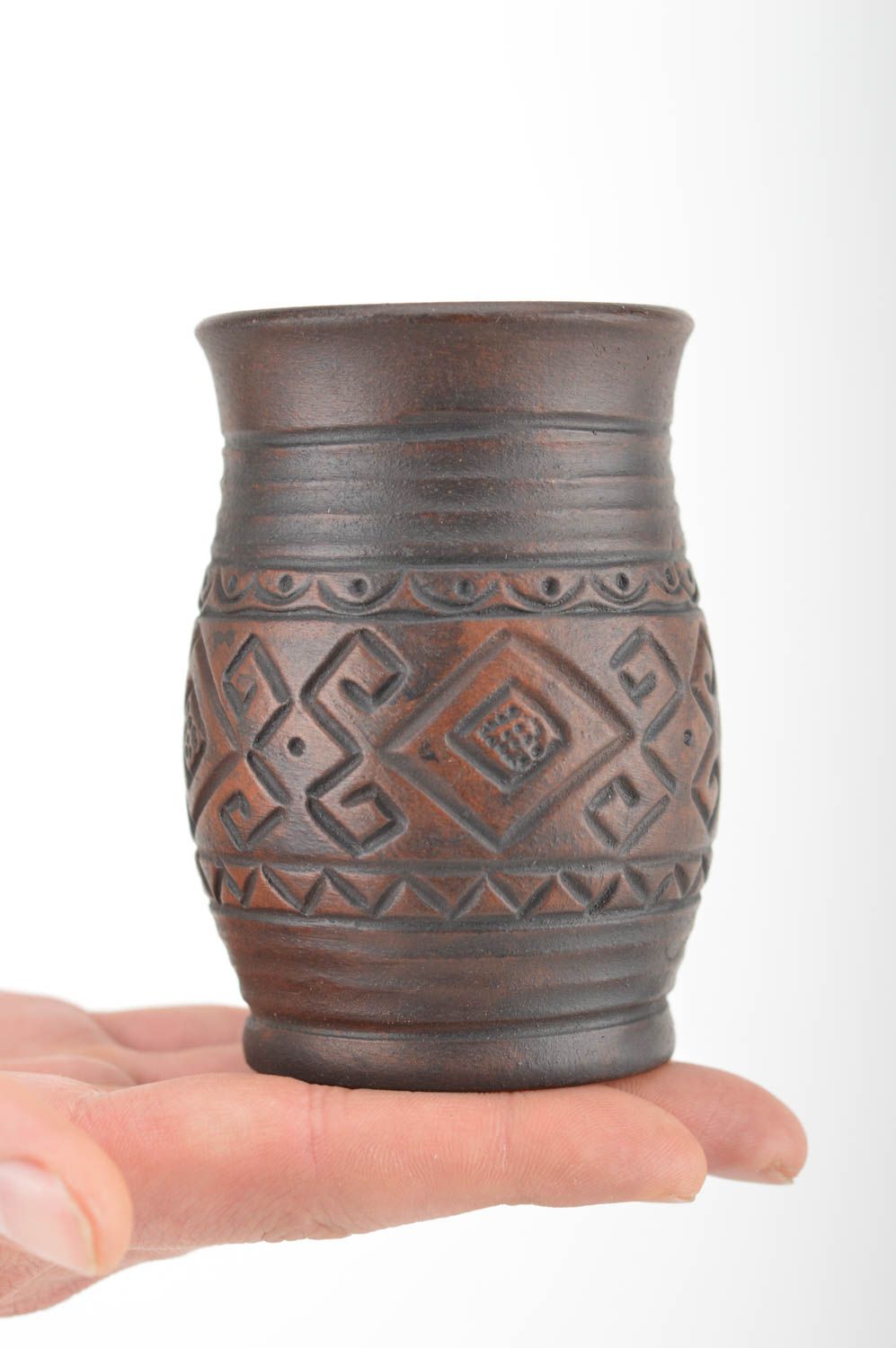 Gobelet en céramique brun foncé original 25 cl fait main à motif cuit au lait  photo 3