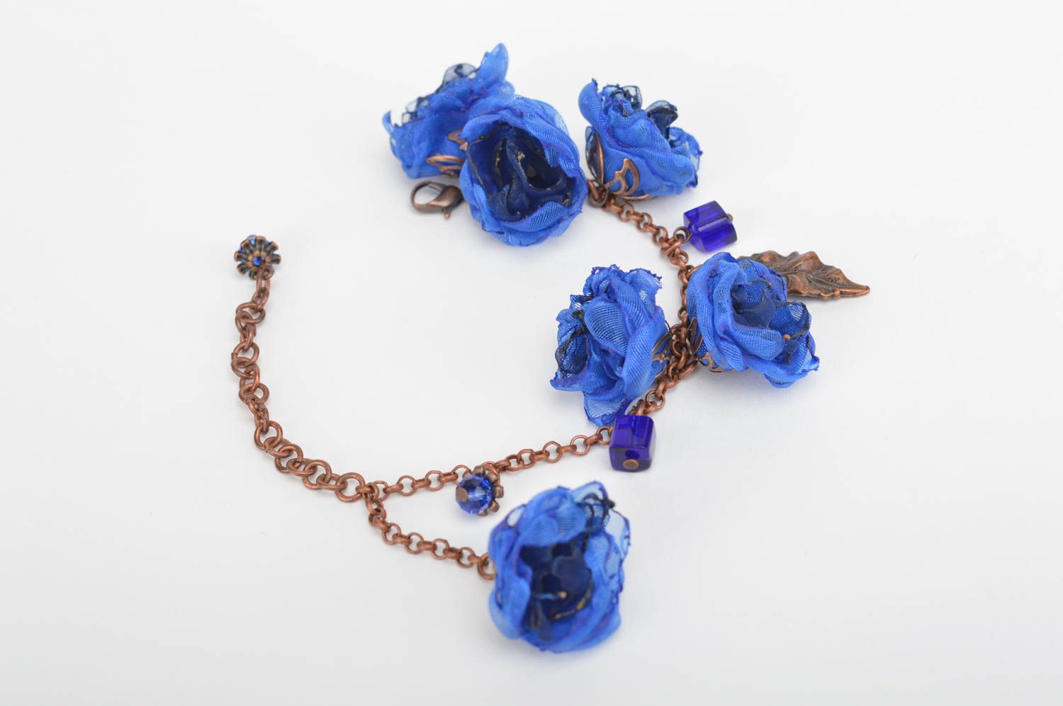 Handmade blue bracelet with flowers unusual festive bracelet stylish accessory photo 3