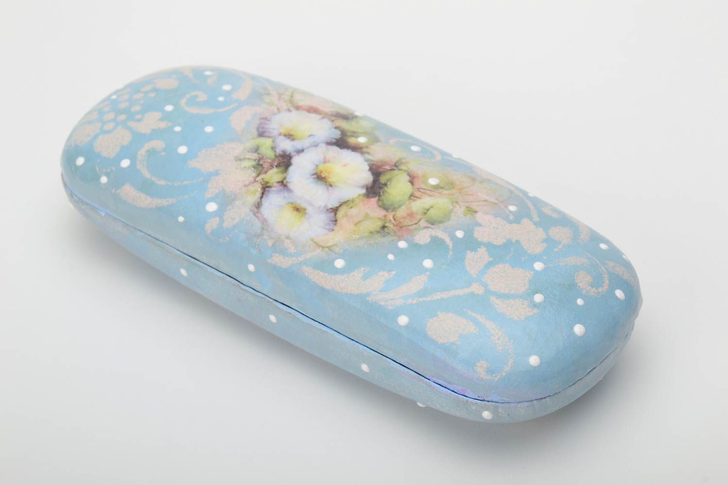 Unusual handmade painted blue plastic eyeglass case fitted with artificial leather photo 2