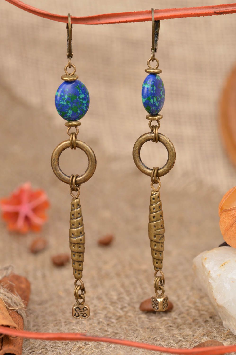Handmade long dangle metal earrings with blue beads designer accessory for women photo 1