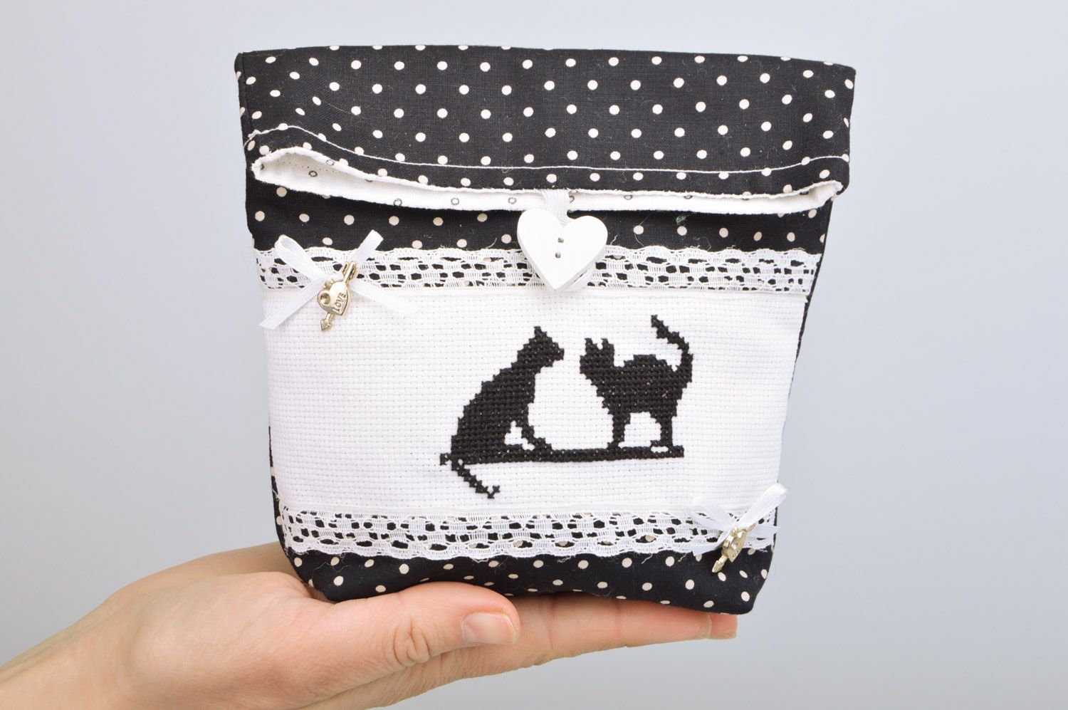 Handmade cosmetics bag sewn of polka dot cotton with cross stitch embroidery  photo 3