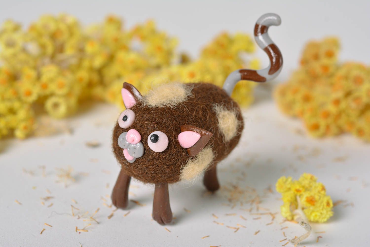 Woolen unusual cat statuette cute toy for kids handmade designer figurine photo 1