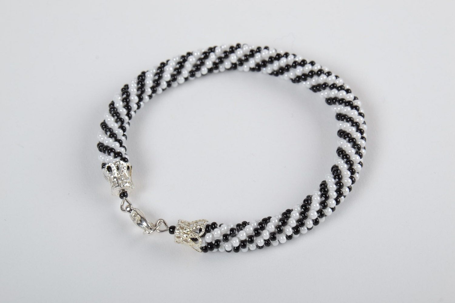 Handmade beautiful wrist bracelet made of Czech beads black and white for women photo 2