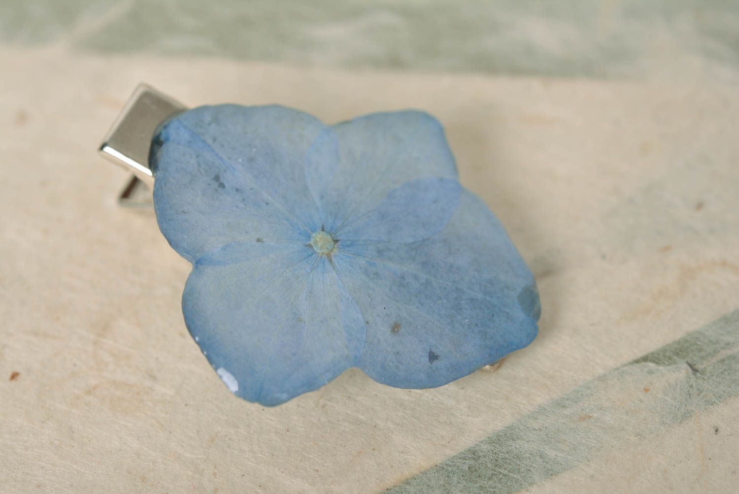 Beautiful blue handmade metal hair clip with dried flowers coated with epoxy photo 1