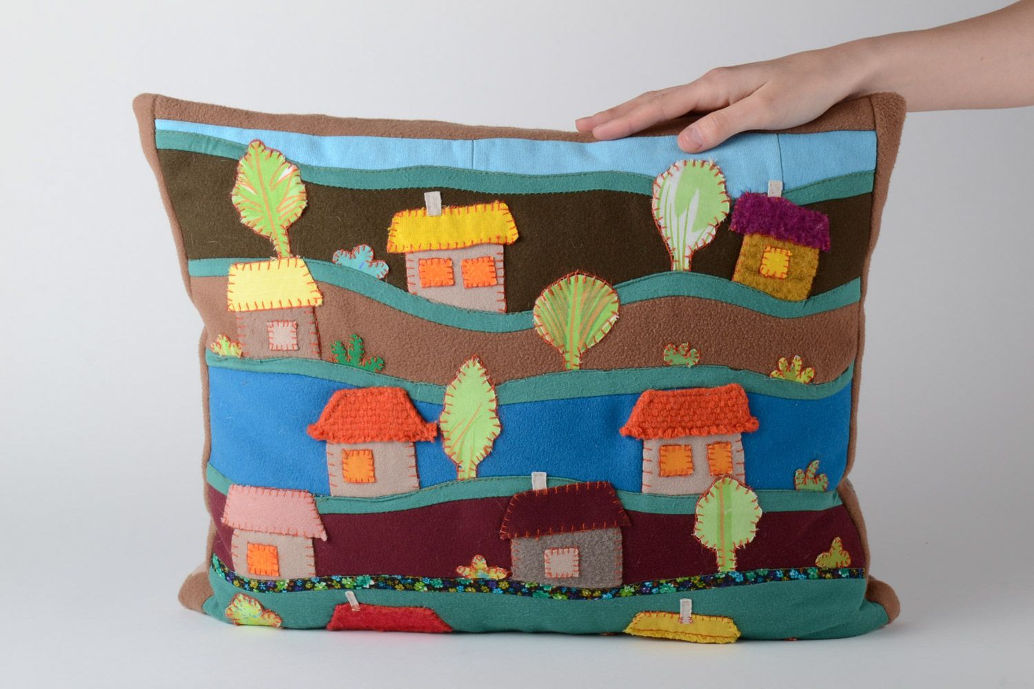 Bright handmade soft cushion with applique work for children's room photo 5