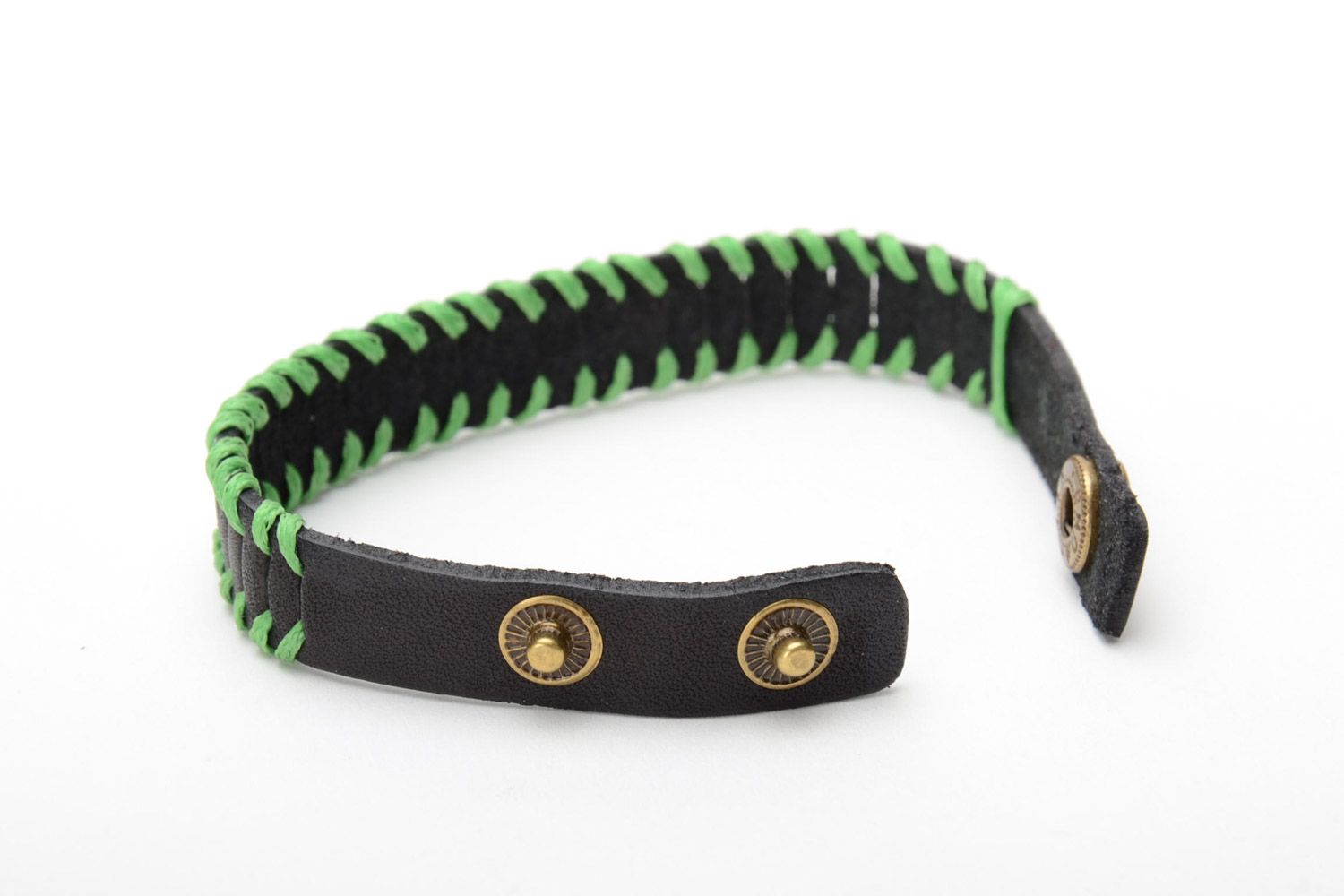 Bracelet en cuir naturel noir et vert fin stylé unisexe fait main original photo 4