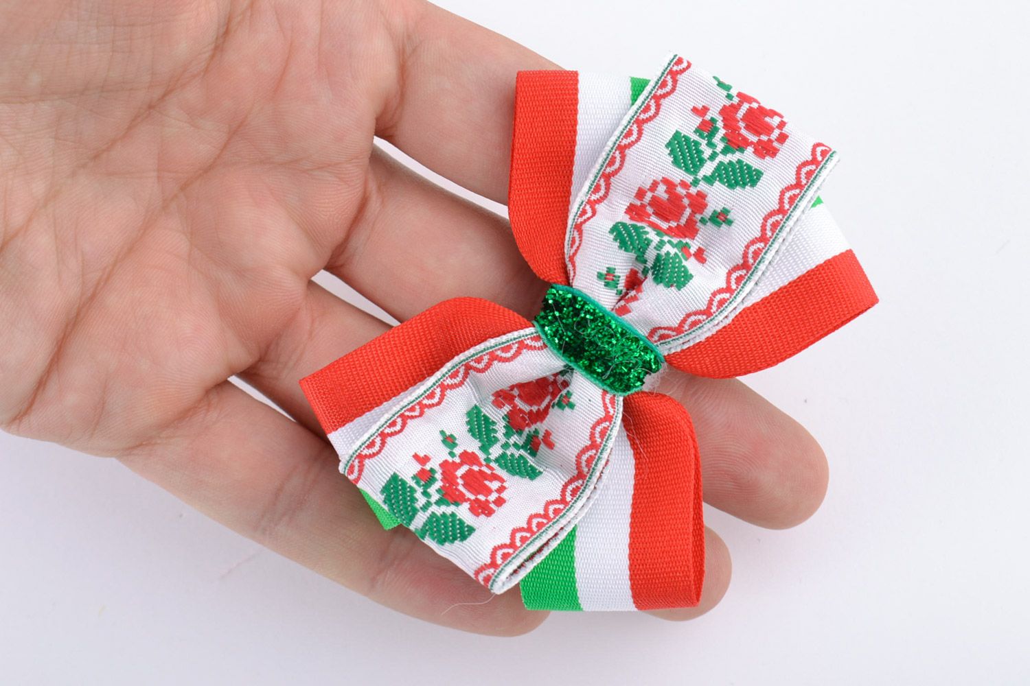 Handmade designer hair tie with ribbon bow of white green and red colors photo 2