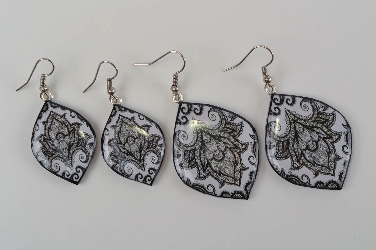 Set of polymer clay earrings with decoupage leaves 2 pieces handmade jewelry photo 5