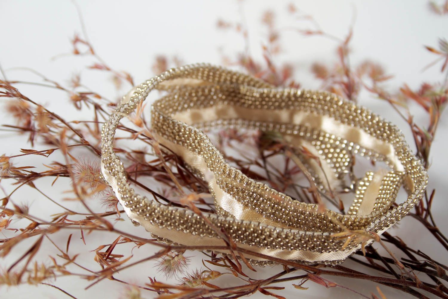 Textile three layers ribbon beige bracelet for women photo 1