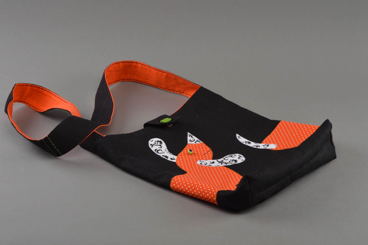 Beautiful dotted black and orange linen fabric shoulder bag for girls Dachshund photo 1