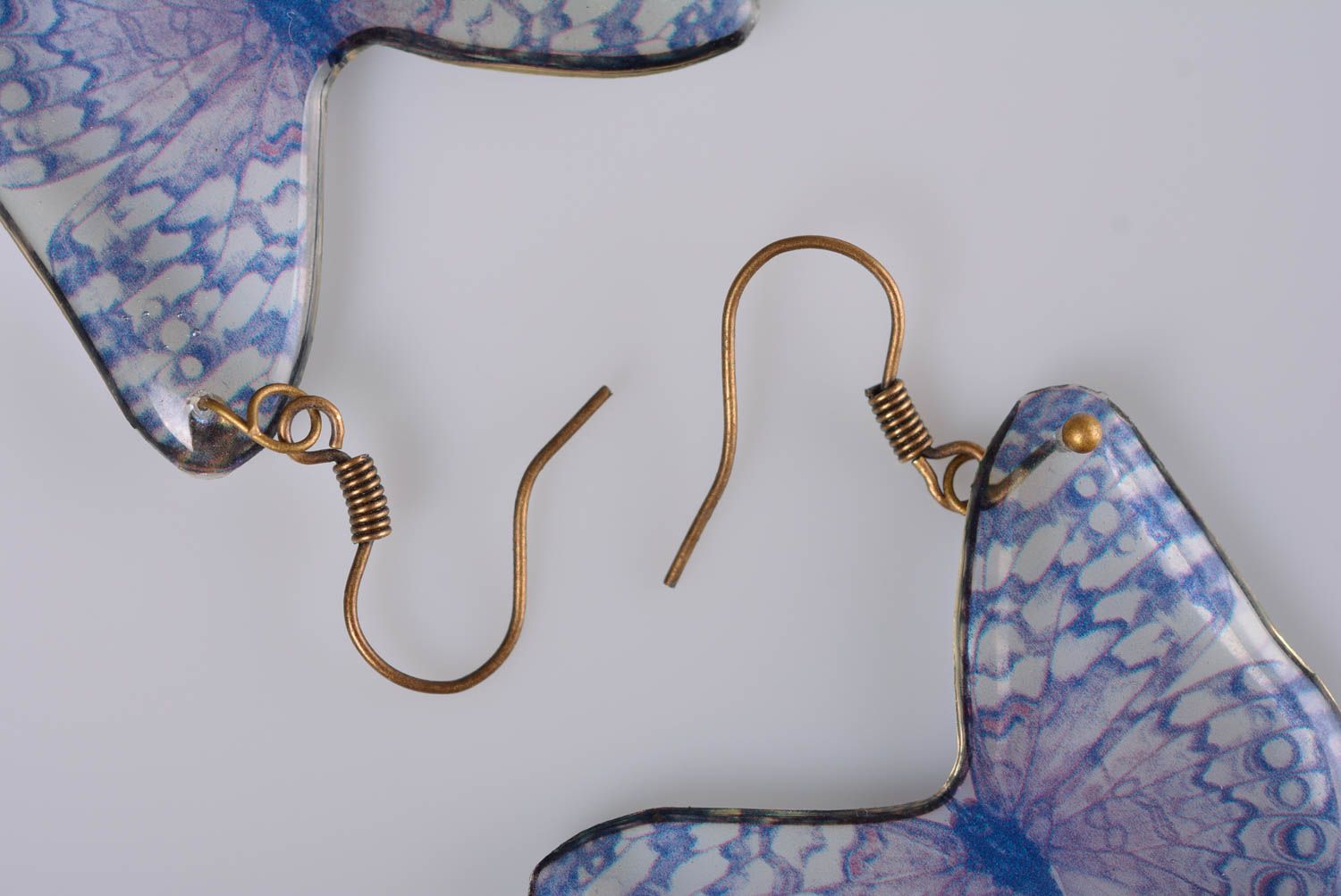 Unusual small handmade designer epoxy earrings in the shape of butterflies photo 5