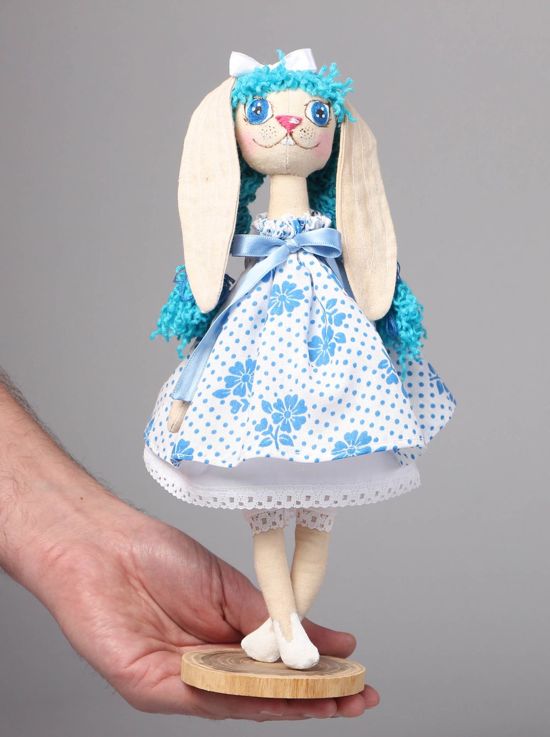 Soft fabric toy with holder Bunny in Blue photo 4