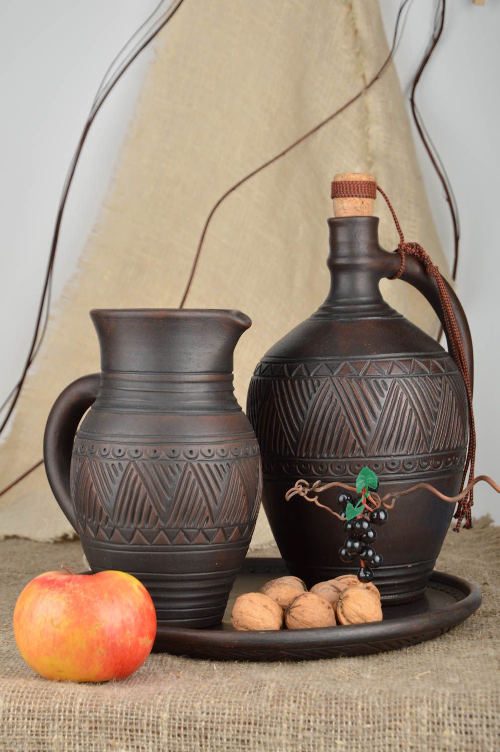 Keramik Geschirr Set handmade Keramik Krug Tablett rund Keramik Flasche braun foto 1