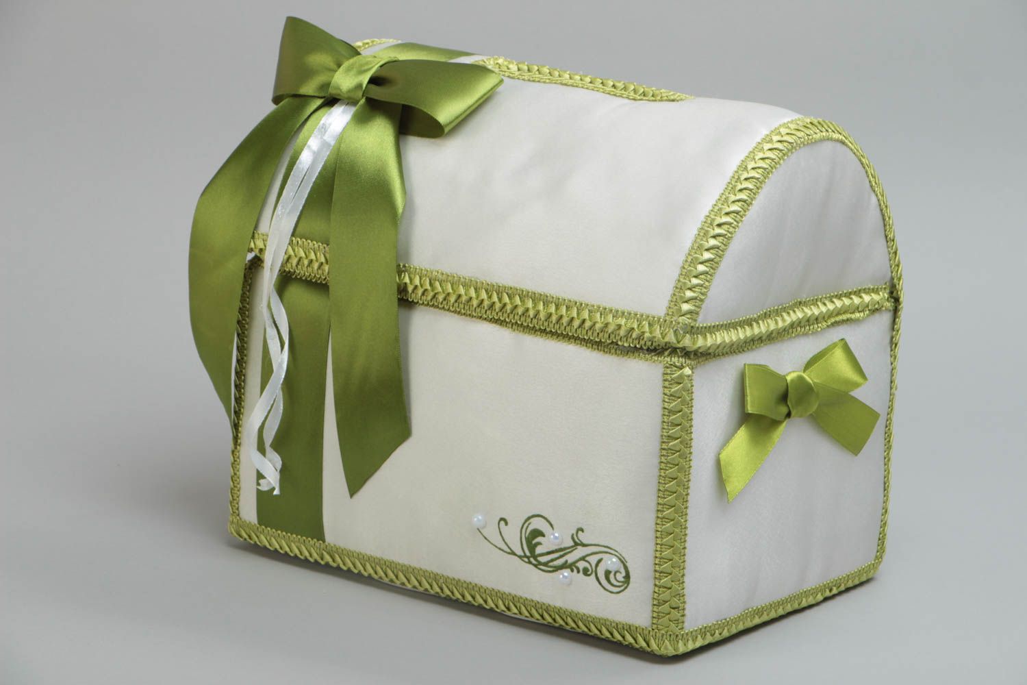 White and green large handmade decorative wedding box with ribbons photo 2