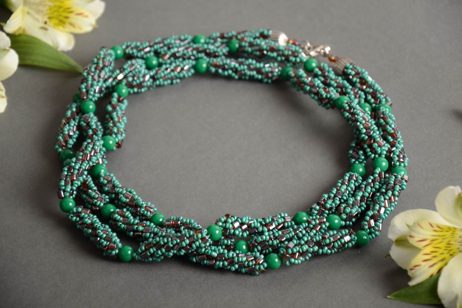 Stylish handmade necklace crocheted of Czech beads in green color palette photo 1