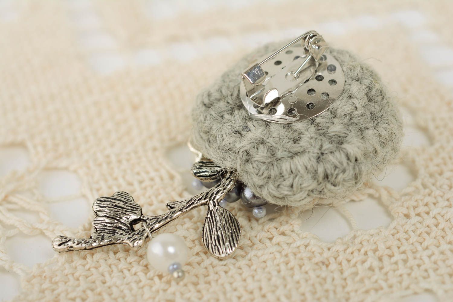 Handmade tender light crochet designer brooch with seed beads and metal charm photo 2