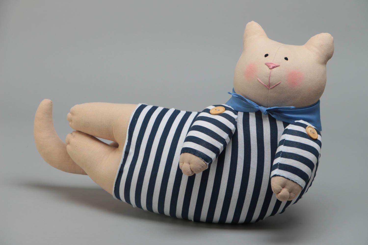 Handmade funny soft toy sewn of natural fabrics Cat Sailor in striped suit photo 2