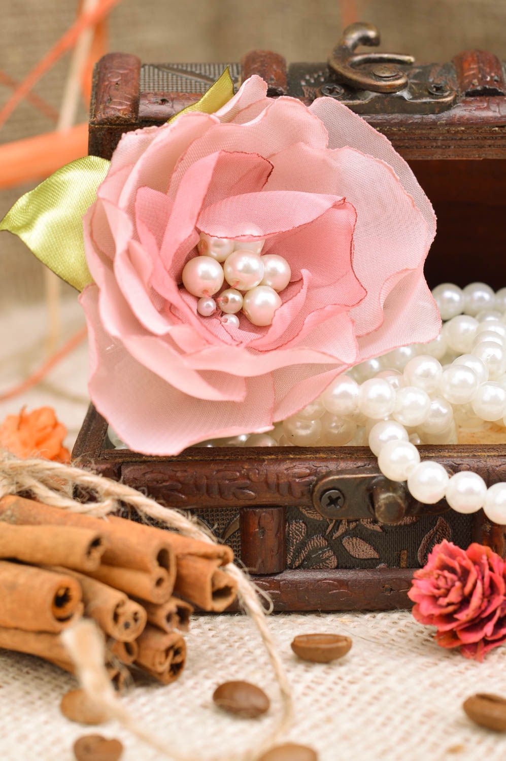 Brooch hairpin made of fabric and beads Pink Rose beautiful handmade acсessory photo 1