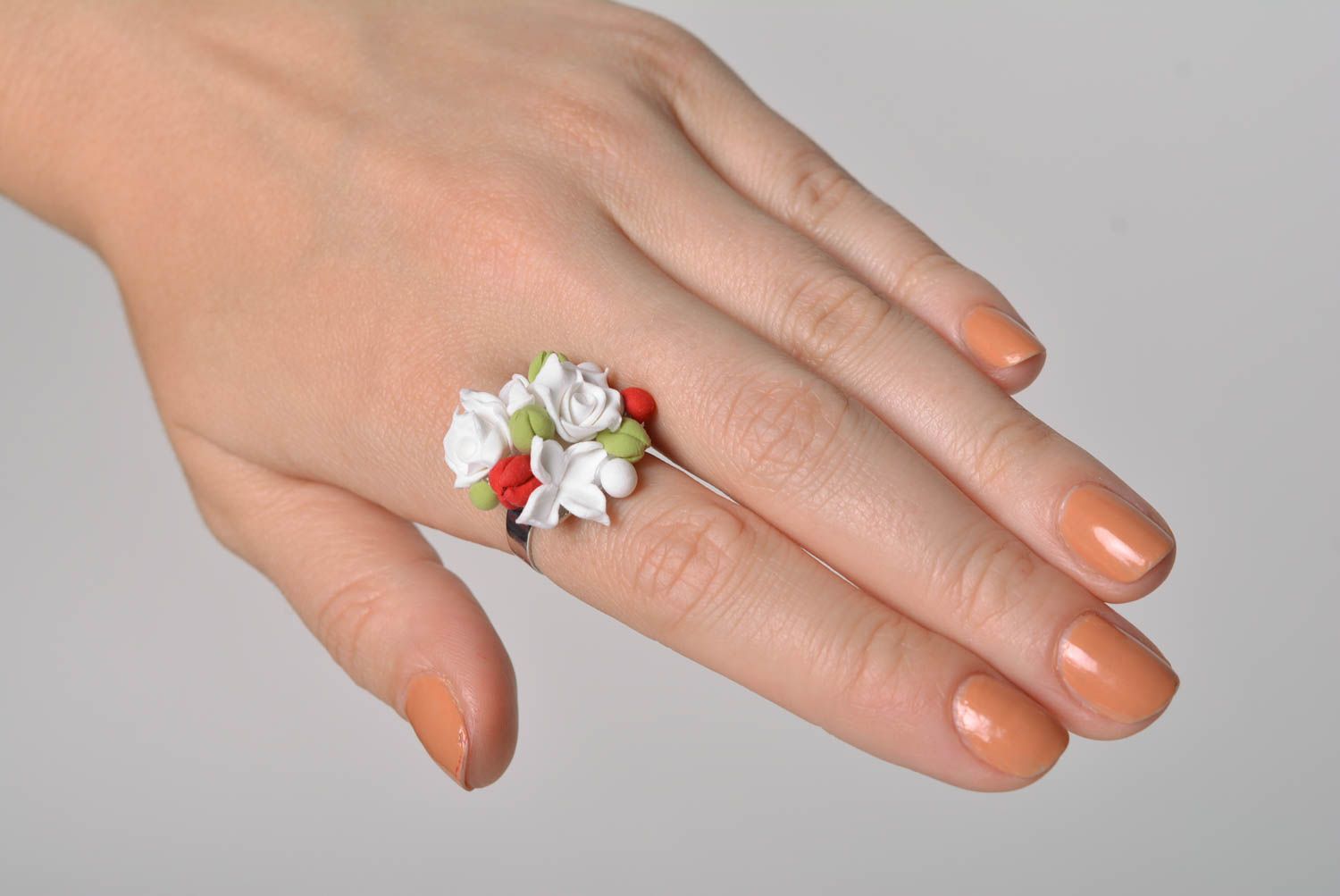 Handmade flower polymer clay ring on a metal basis designer's style photo 4