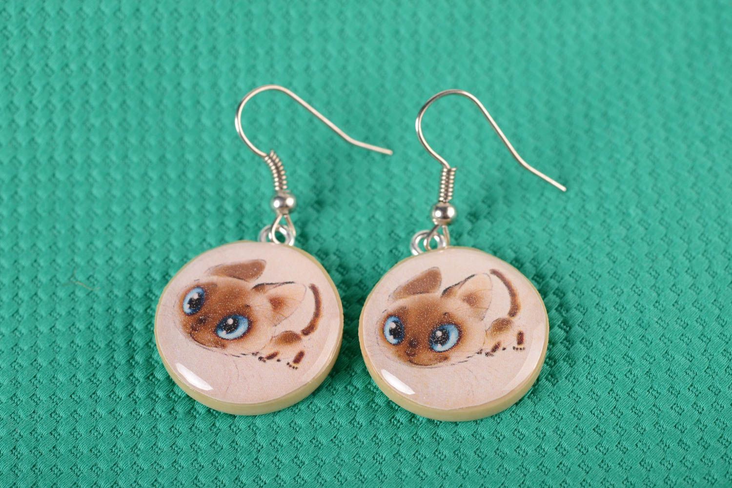 Stylish handmade round earrings polymer clay accessories with cats for women photo 1