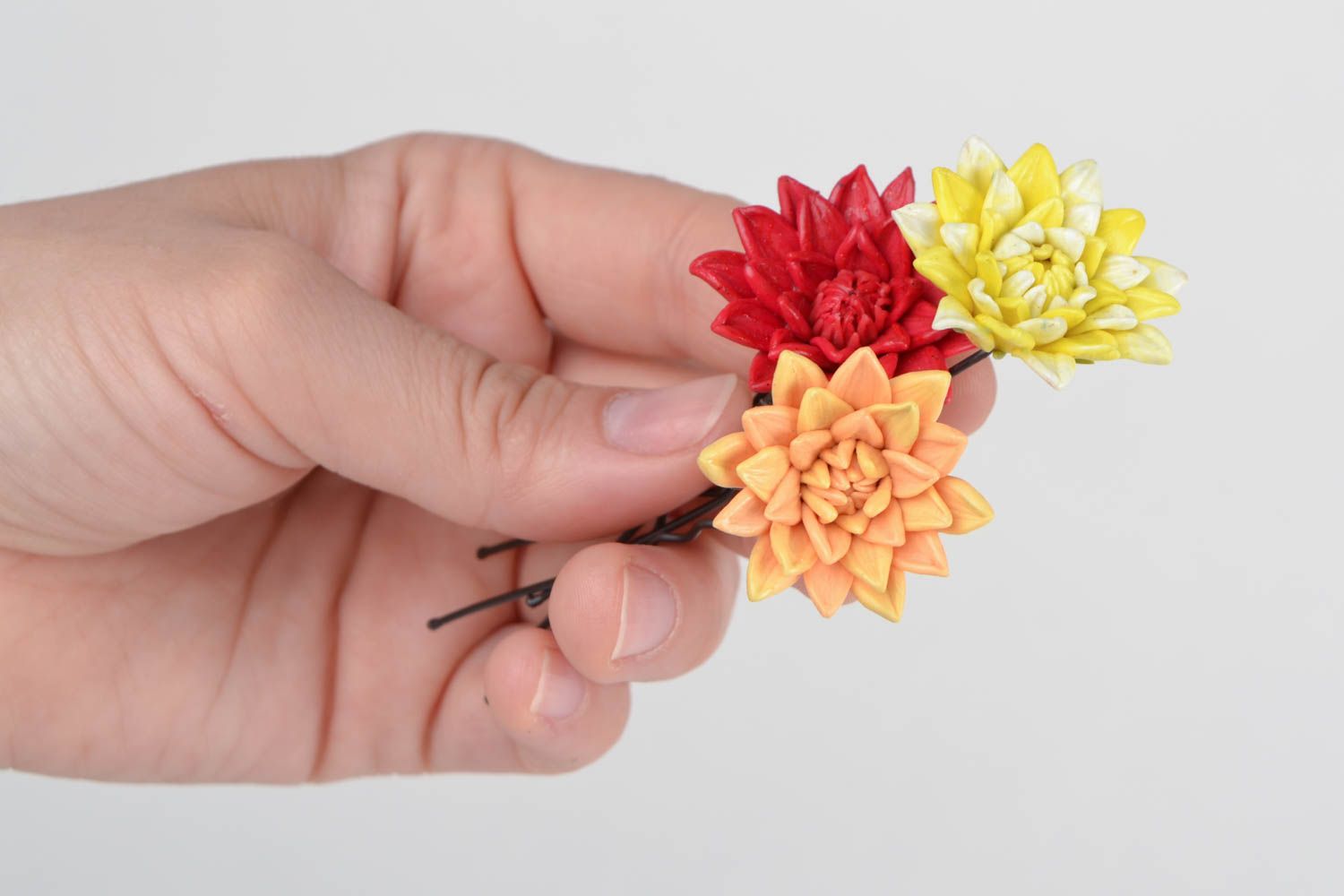 Beautiful handmade designer polymer clay flower hairpins 3 pieces colorful photo 2
