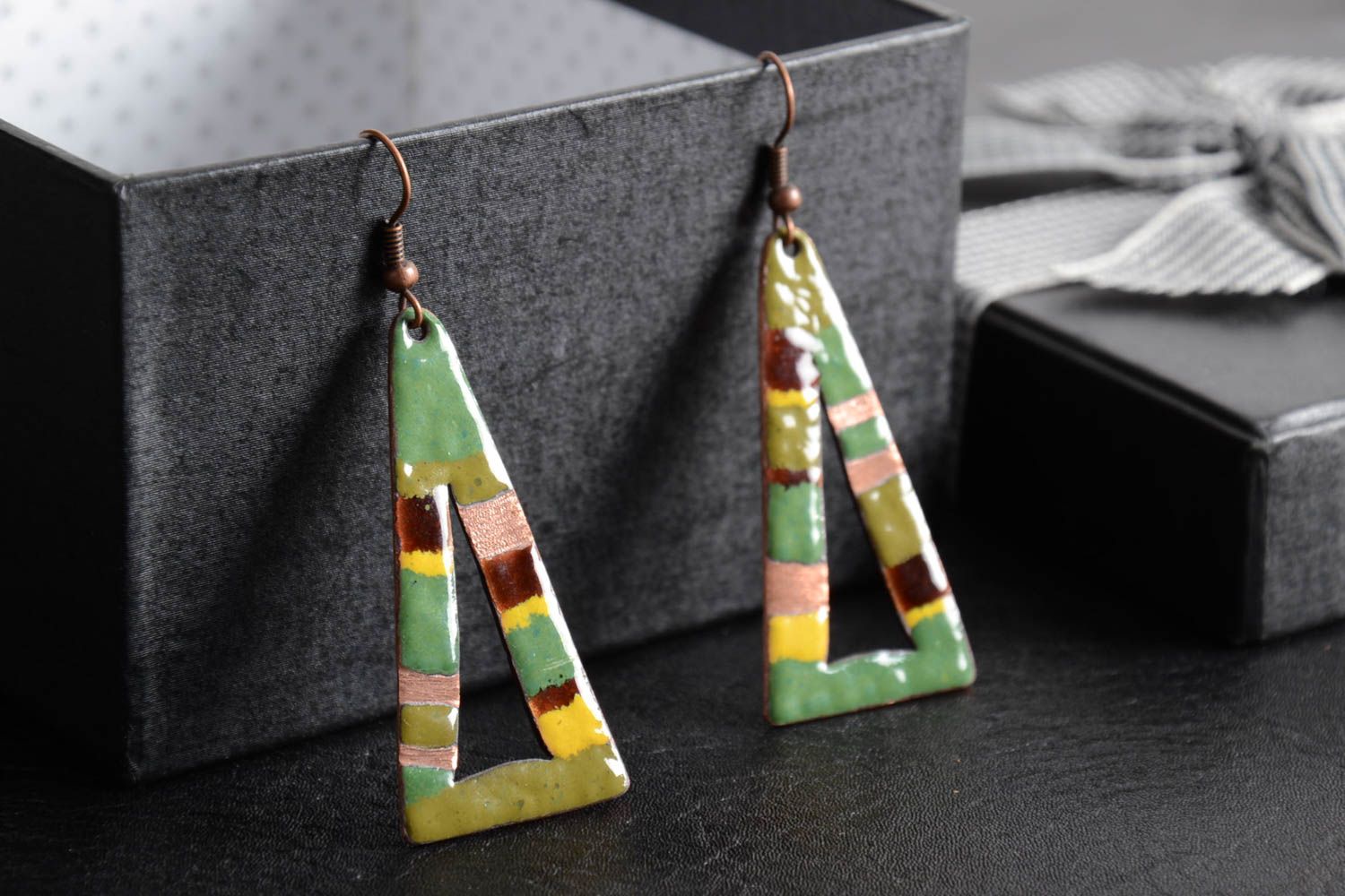 Handmade copper multi-colored triangular earrings with hot enamel stylish gift photo 1