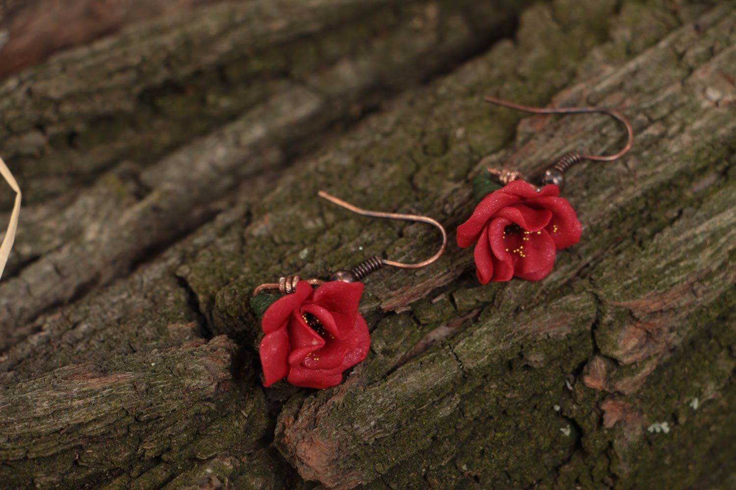 Long earrings made of polymer clay with red poppies flowers handmade accessory photo 1