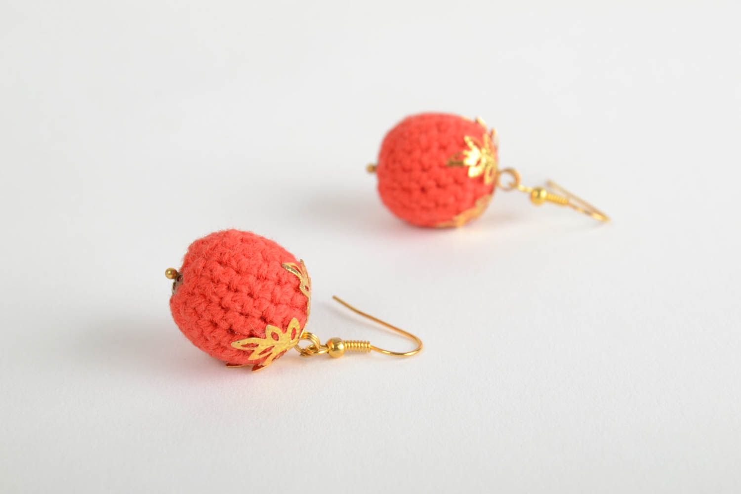 Beautiful red handmade crochet ball earrings for women photo 3