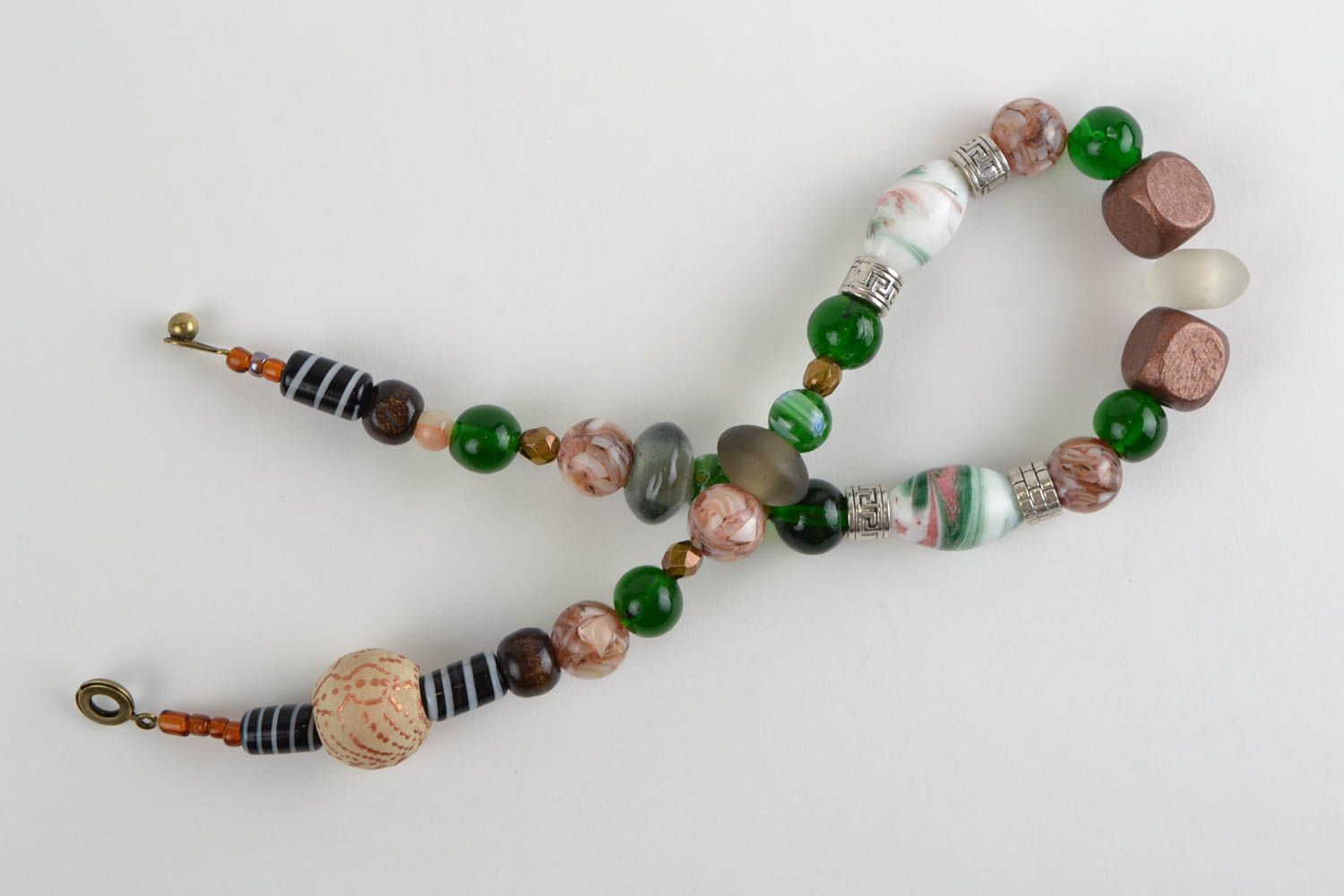 Handmade women's designer necklace with wooden metal and glass beads colorful  photo 3