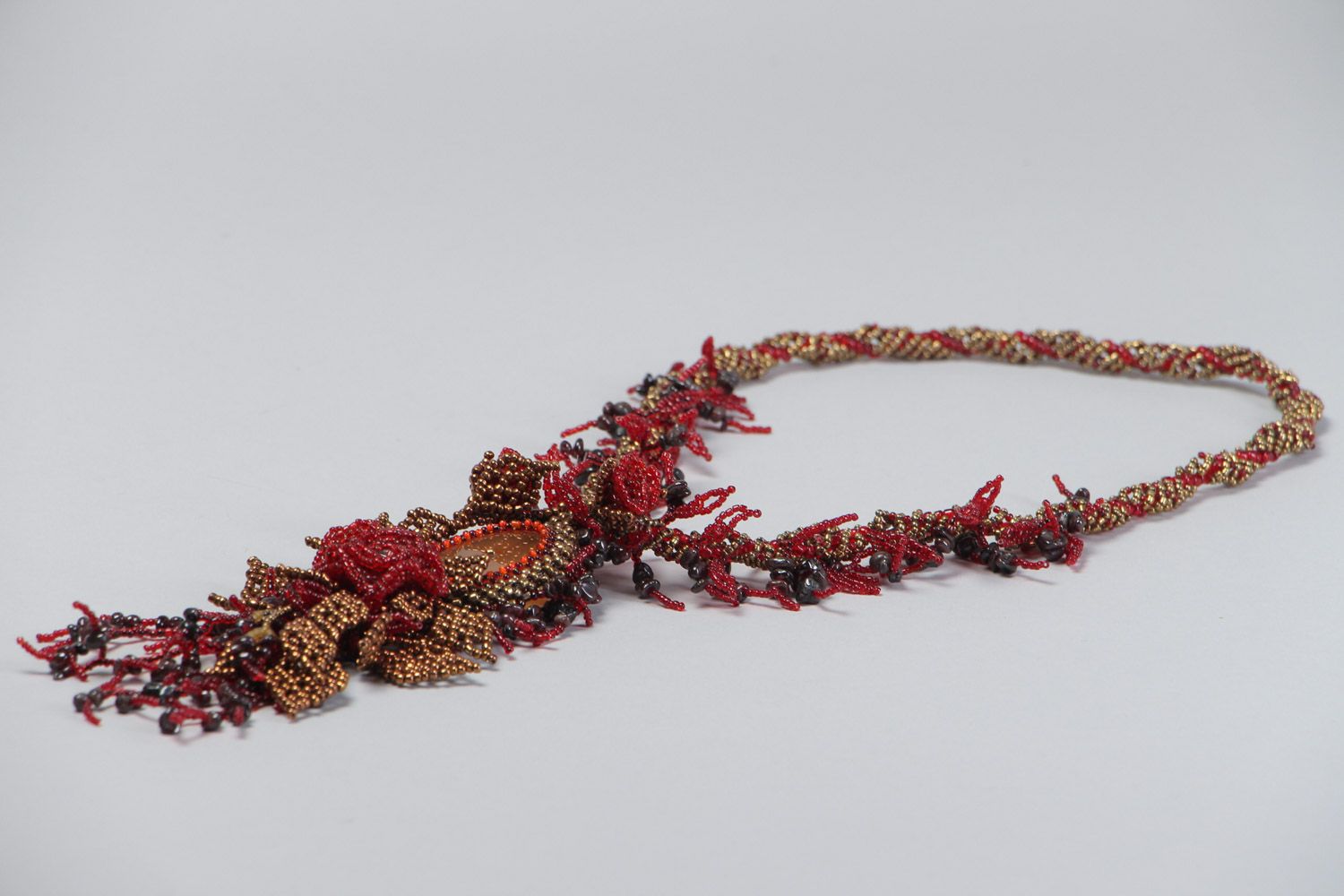 Handmade dark red floral necklace woven of seed beads and natural stones  photo 3