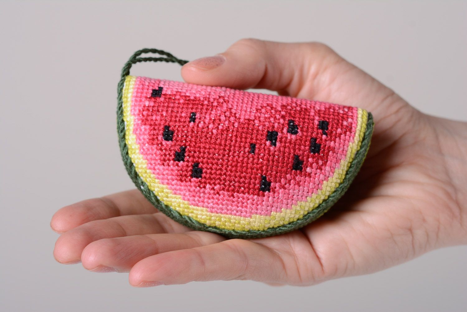 Handmade cross stitched soft pincushion in the shape of water-melon slice  photo 4