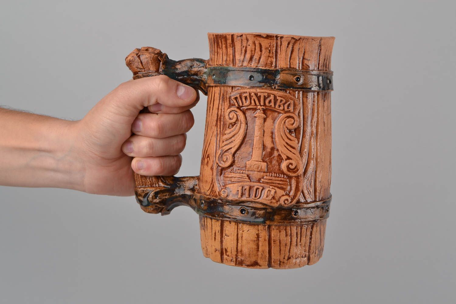 Ton Bierkrug handmade mit Bemalung in Braun originell für Männer Geschenk 750 ml foto 2