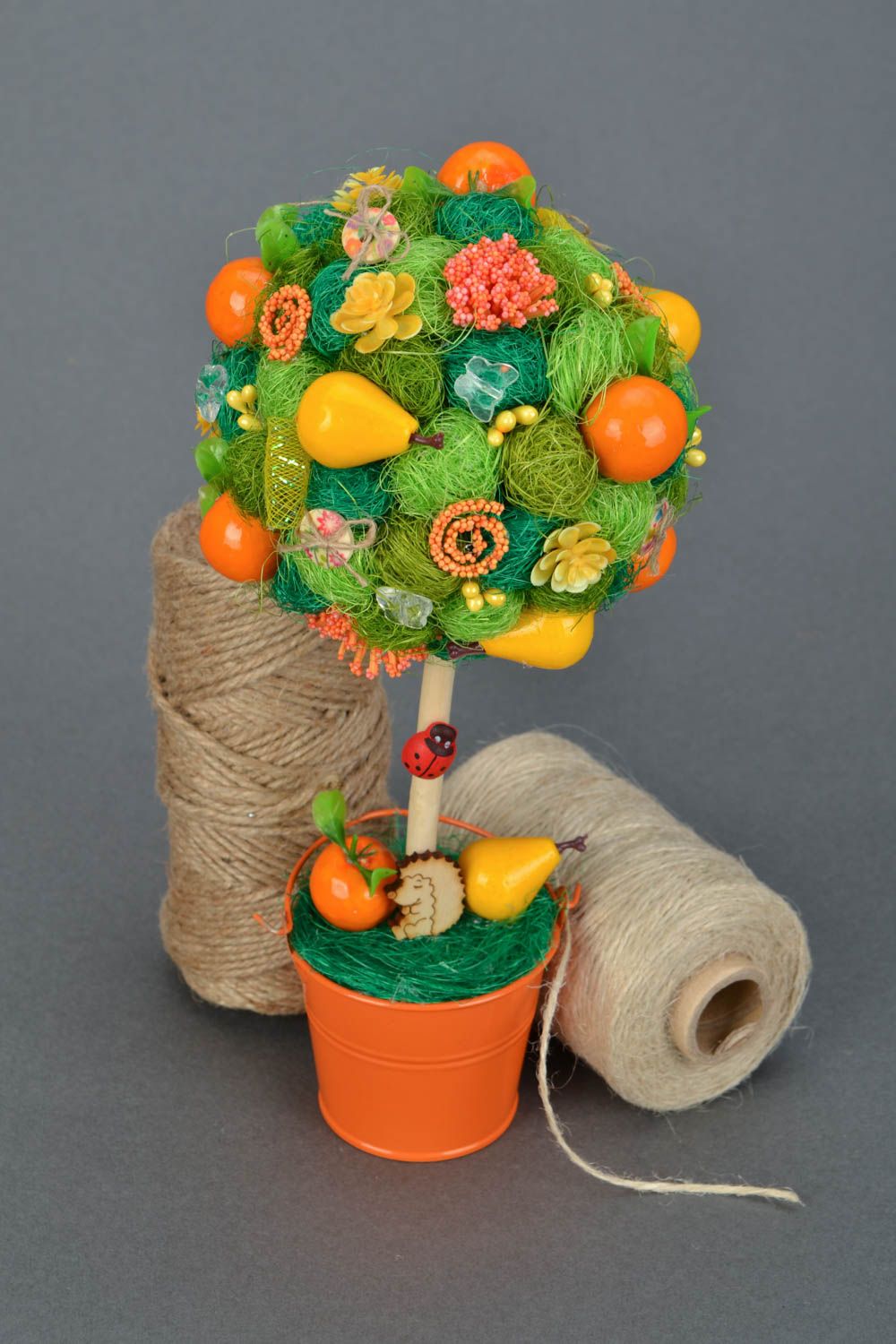 Handmade decorative bright sisal topiary with artificial fruits interior decor photo 1