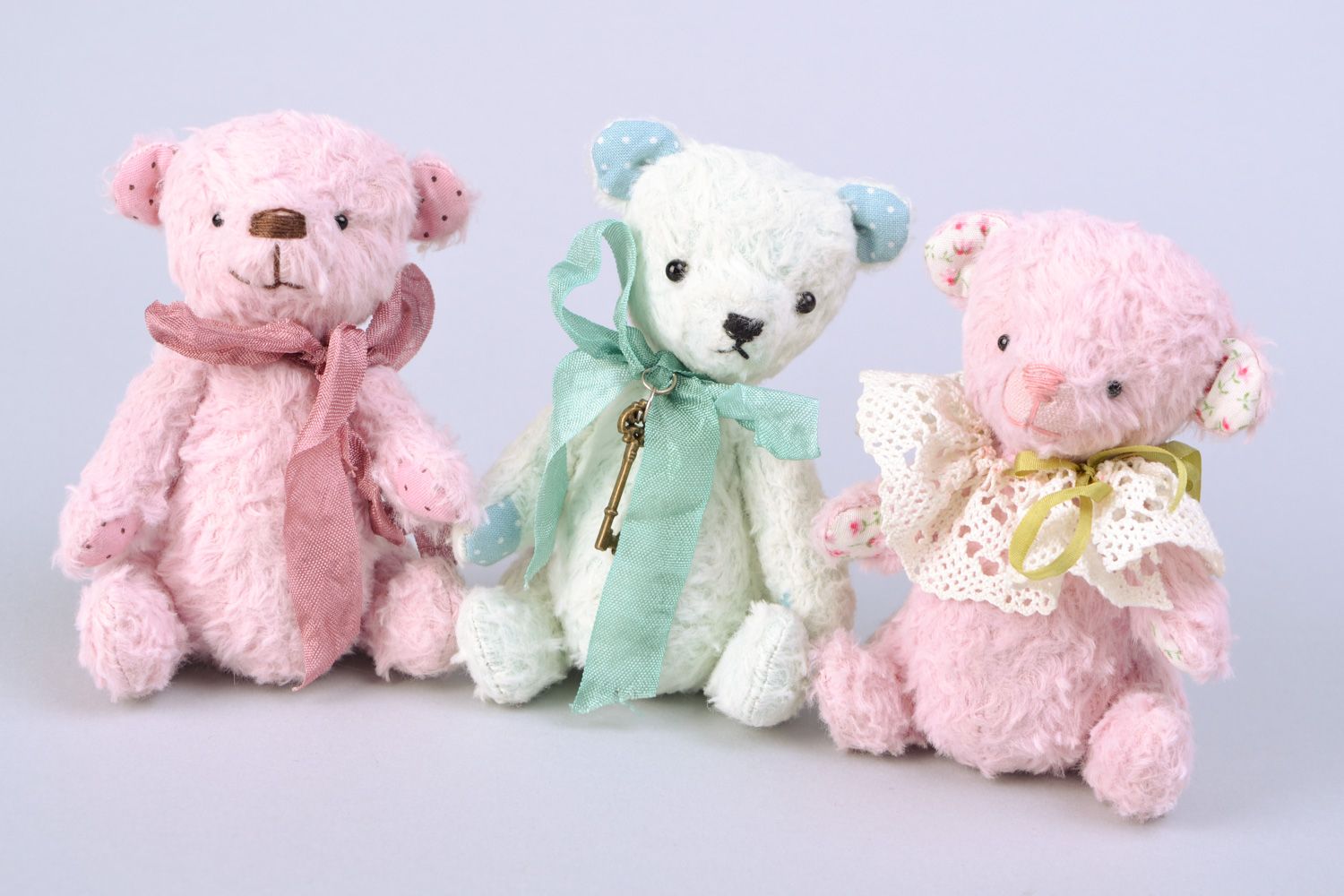 Set of handmade designer soft toy bears sewn of fabric of blue and pink colors  photo 3