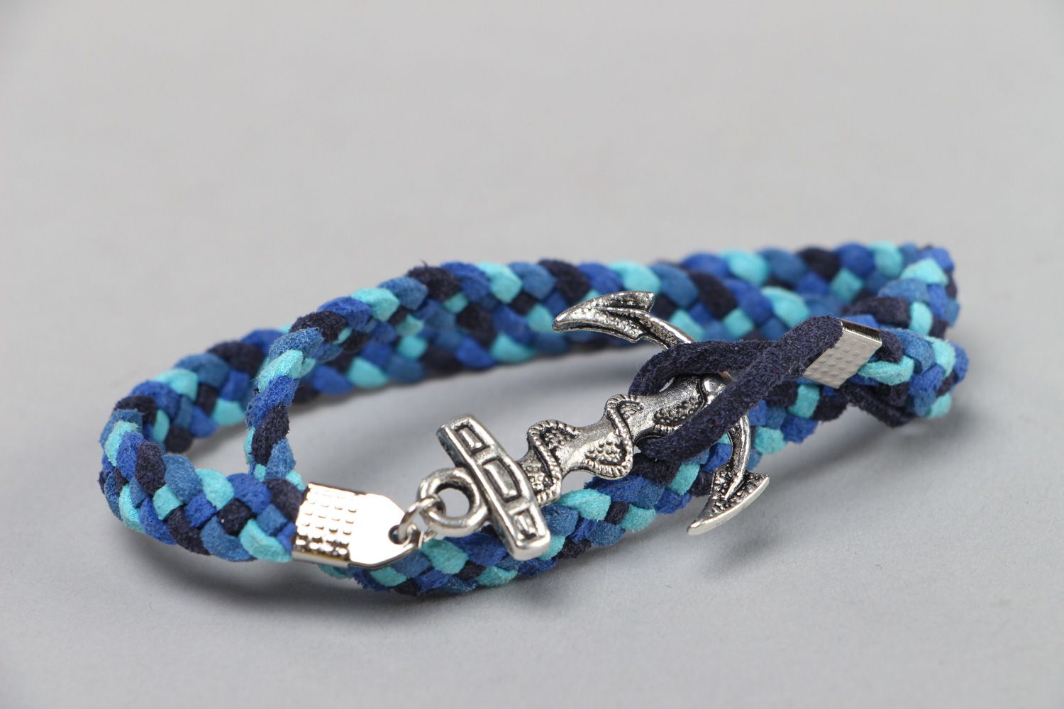 Handmade artificial leather marine charm bracelet in blue and dark blue colors photo 1