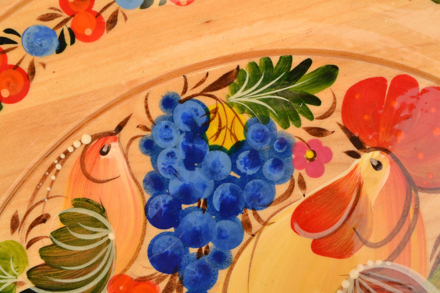 Assiette en bois décorative faite main murale ou de table peinture Petrykivka photo 3