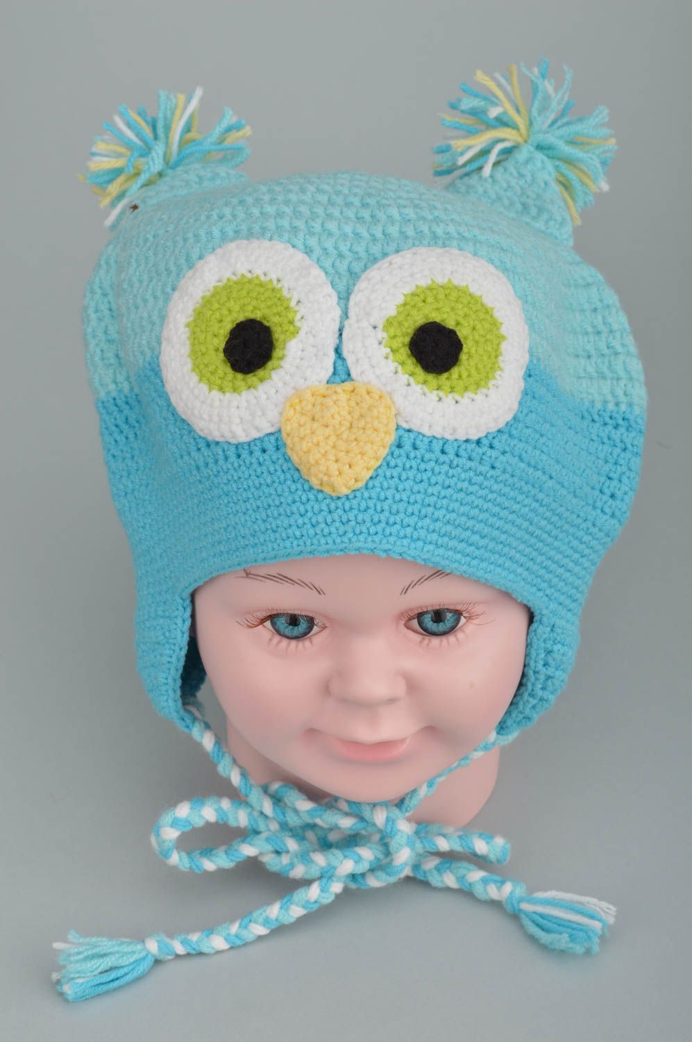 Handmade cute designer crocheted cap turquoise owl made of cotton and wool photo 3