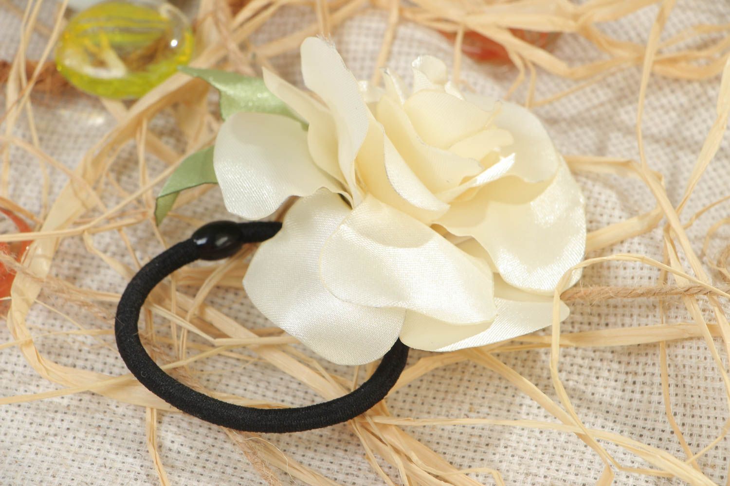 Volume handmade stylish scrunchy with satin ribbon flower White Rose hair accessory photo 1