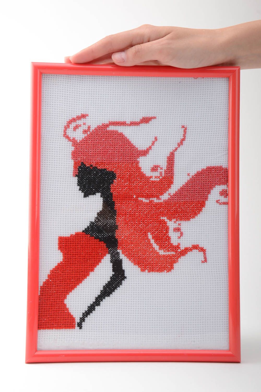 Handmade embroidered picture in plastic frame portrait of lady with red hair photo 5