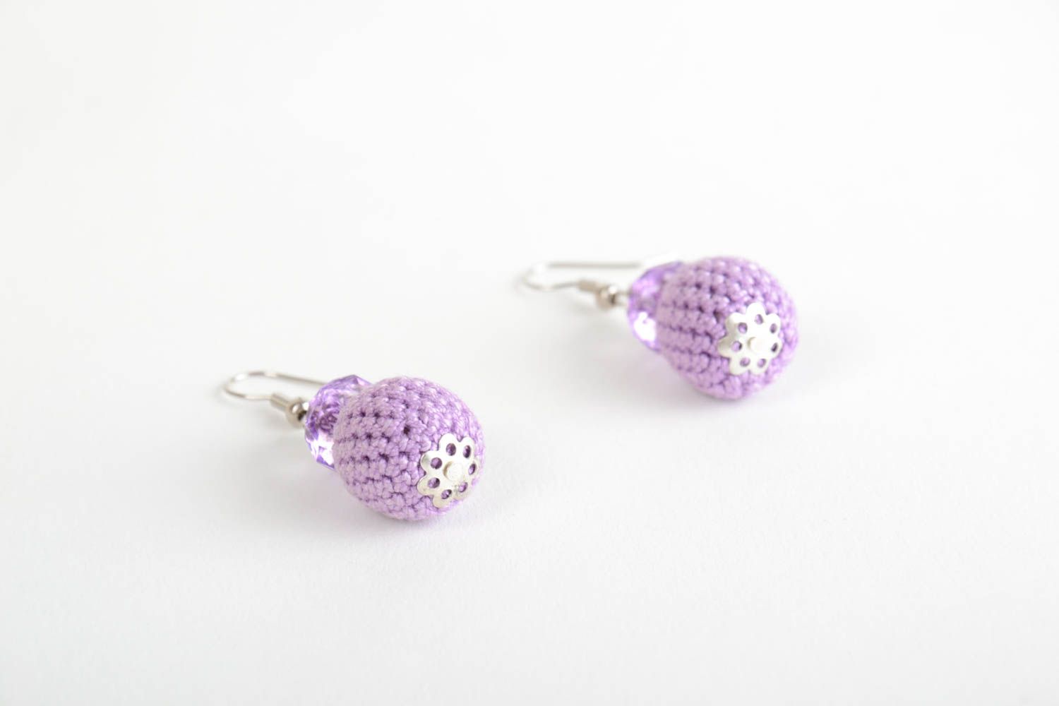 Handmade wooden bead earrings crocheted over with violet cotton threads photo 3