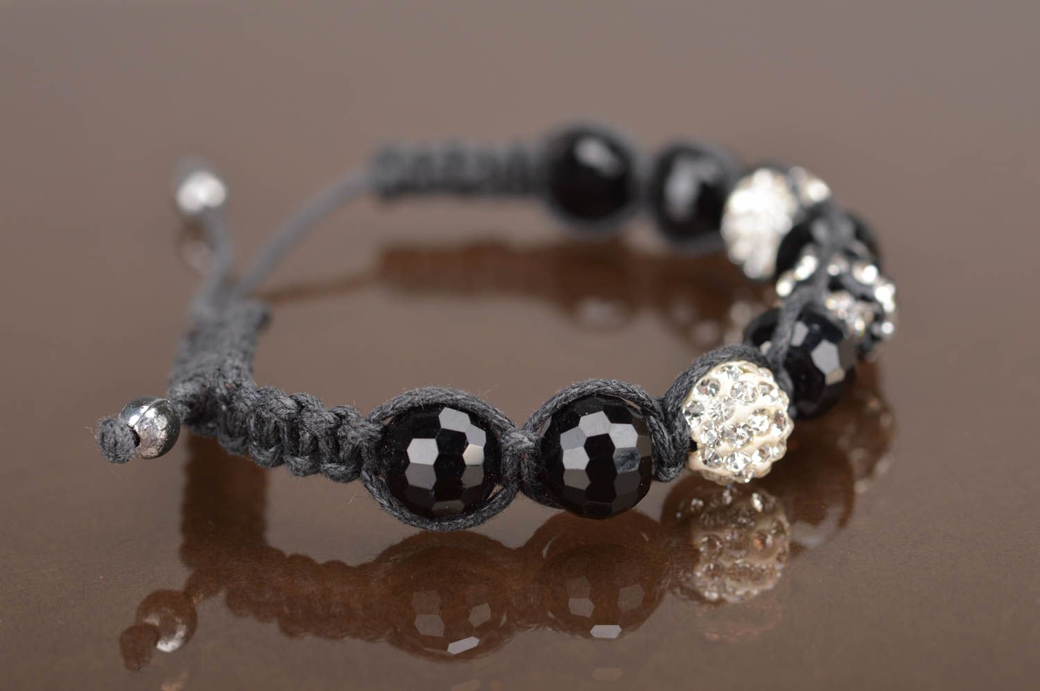 Handmade cute black thin beautiful woven bracelet with beads with strasses photo 2