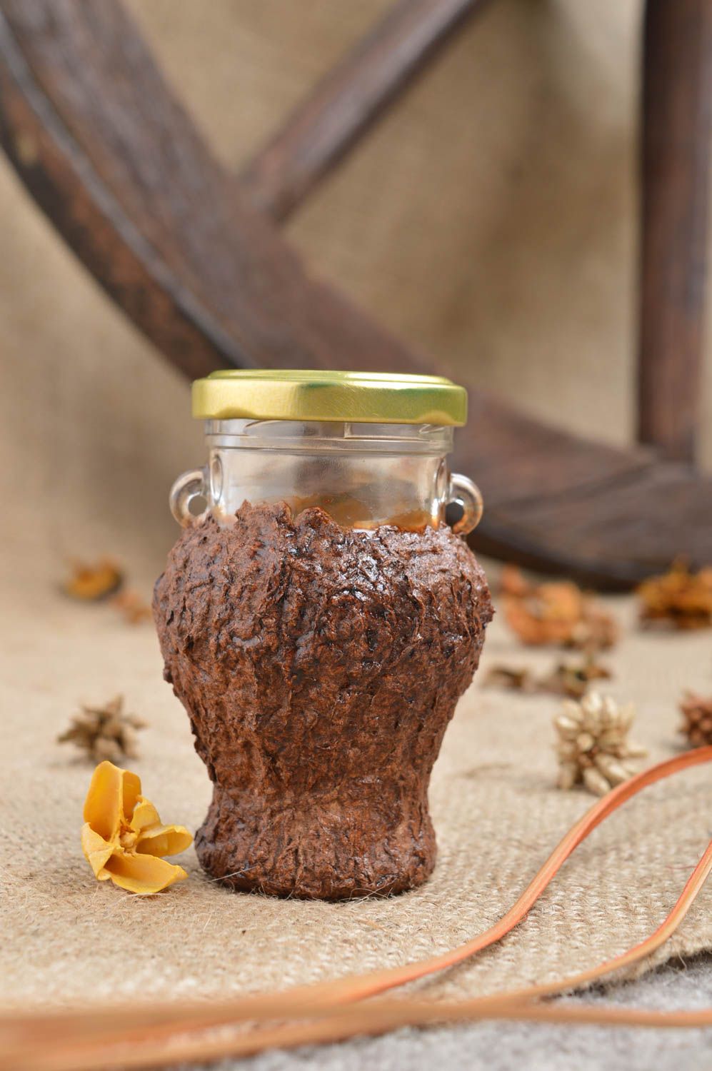 3,5 inches tall glass 4 oz jar with lid covered with brown cellulose cover layer 0,27 lb photo 1