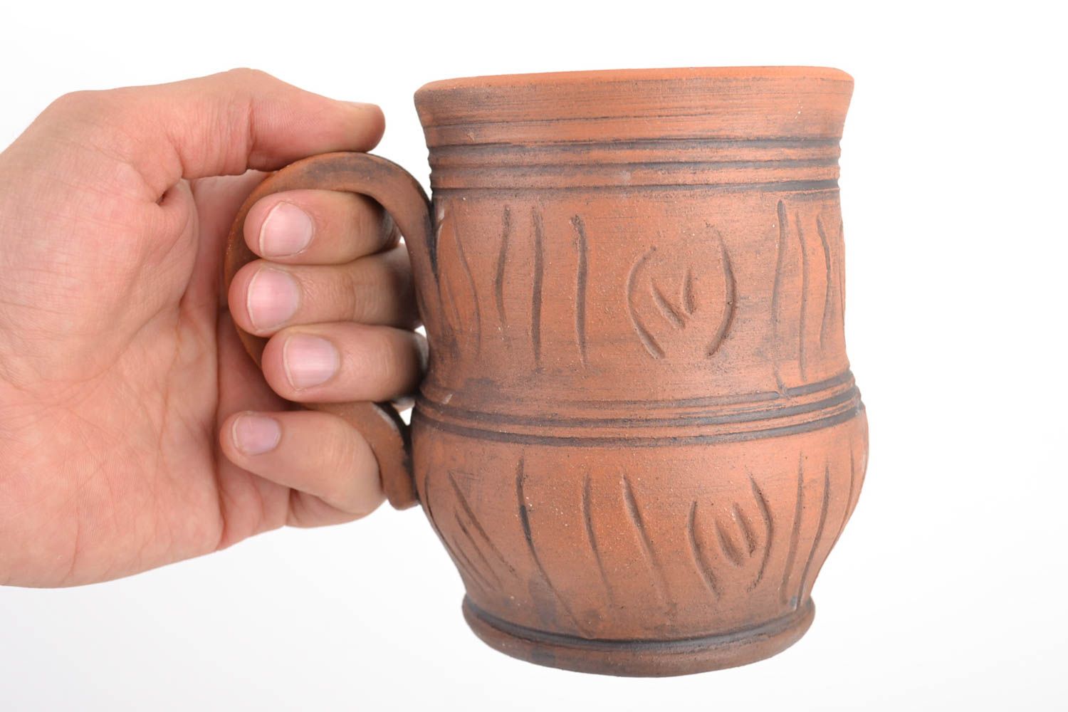 16 oz terracotta color tall clay cup with handle and white glaze inside photo 2