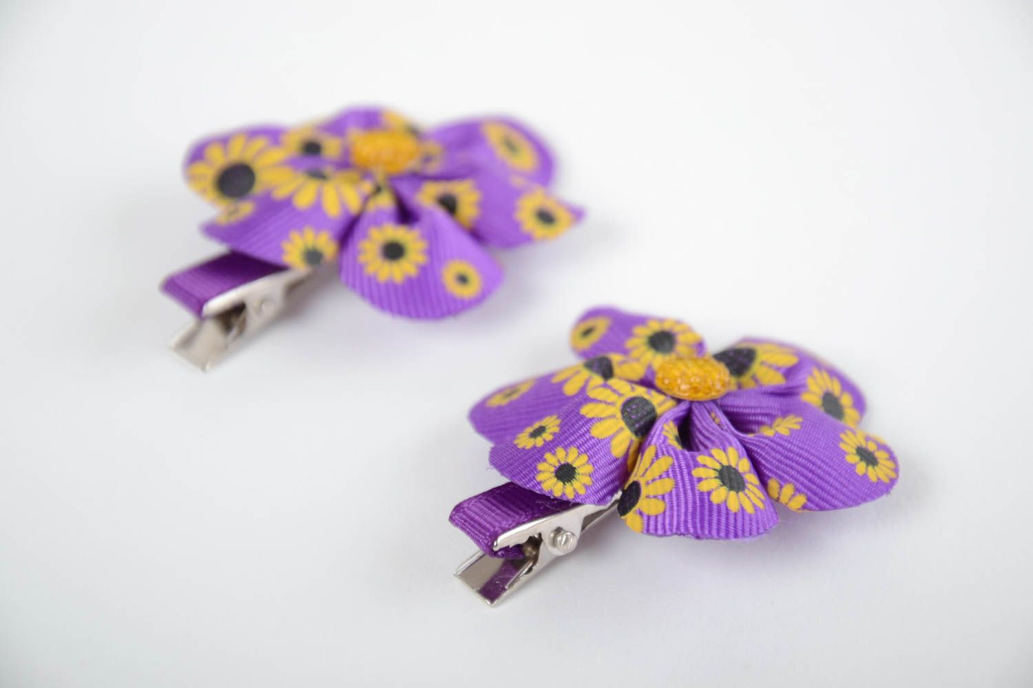 Barrettes à cheveux en rubans de reps violettes faites main 2 pièces avec fleurs photo 5
