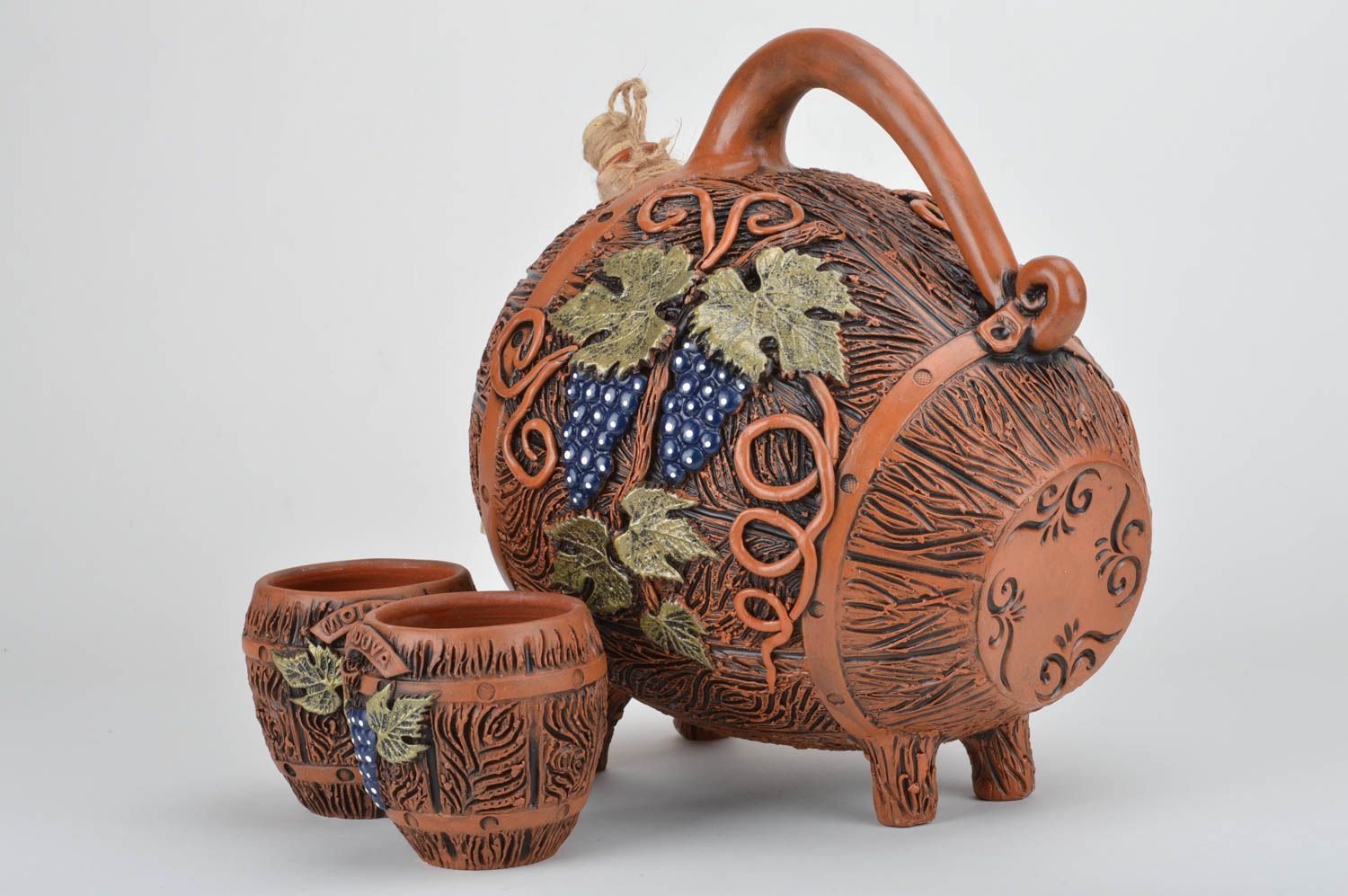 Handmade decorative ceramic wine barrel and 2 shot glasses set of 3 pieces photo 5