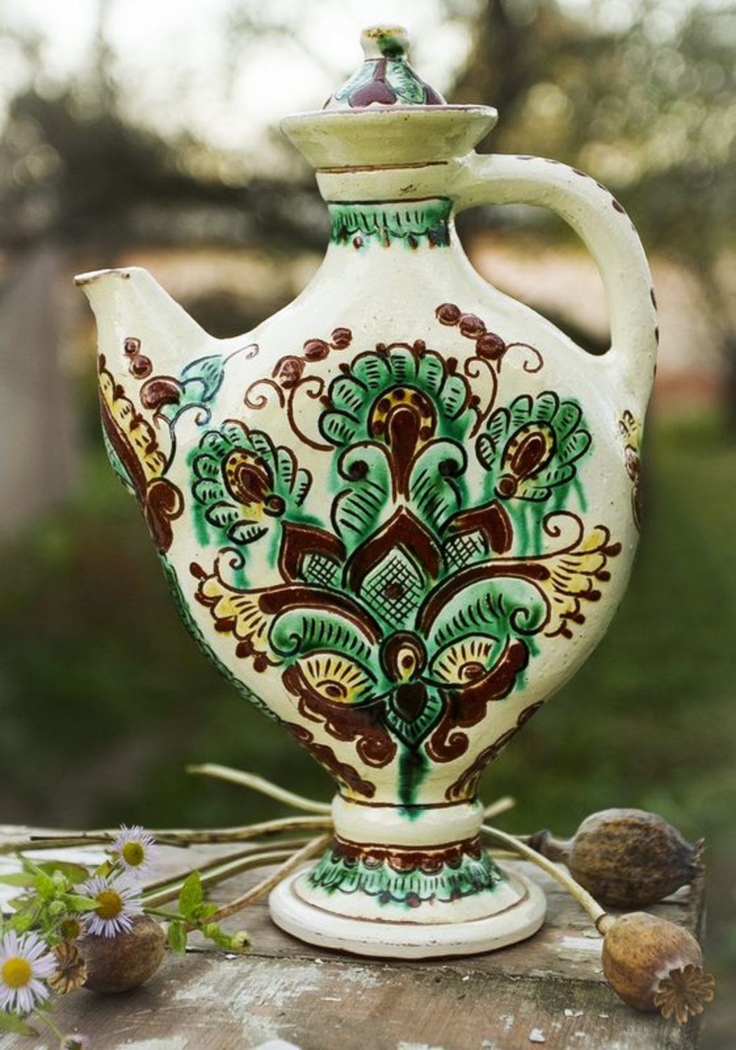 10 inches tall ceramic wine or tea carafe with handle and lid in ethnic style green color 2 lb photo 1