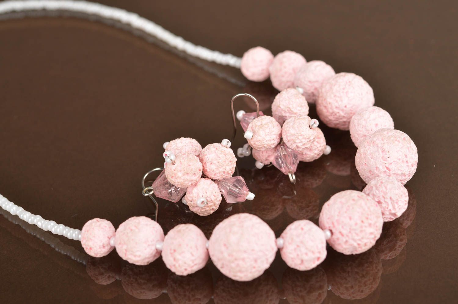 Set of handmade pink jewelry made of polymer clay necklace and earrings photo 2