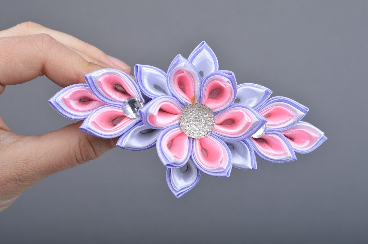 Handmade designer hair clip with kanzashi flower in tender color palette photo 2
