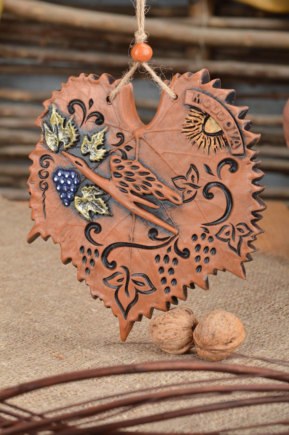 Beautiful handmade designer volume clay wall panel Leaf on cord photo 1